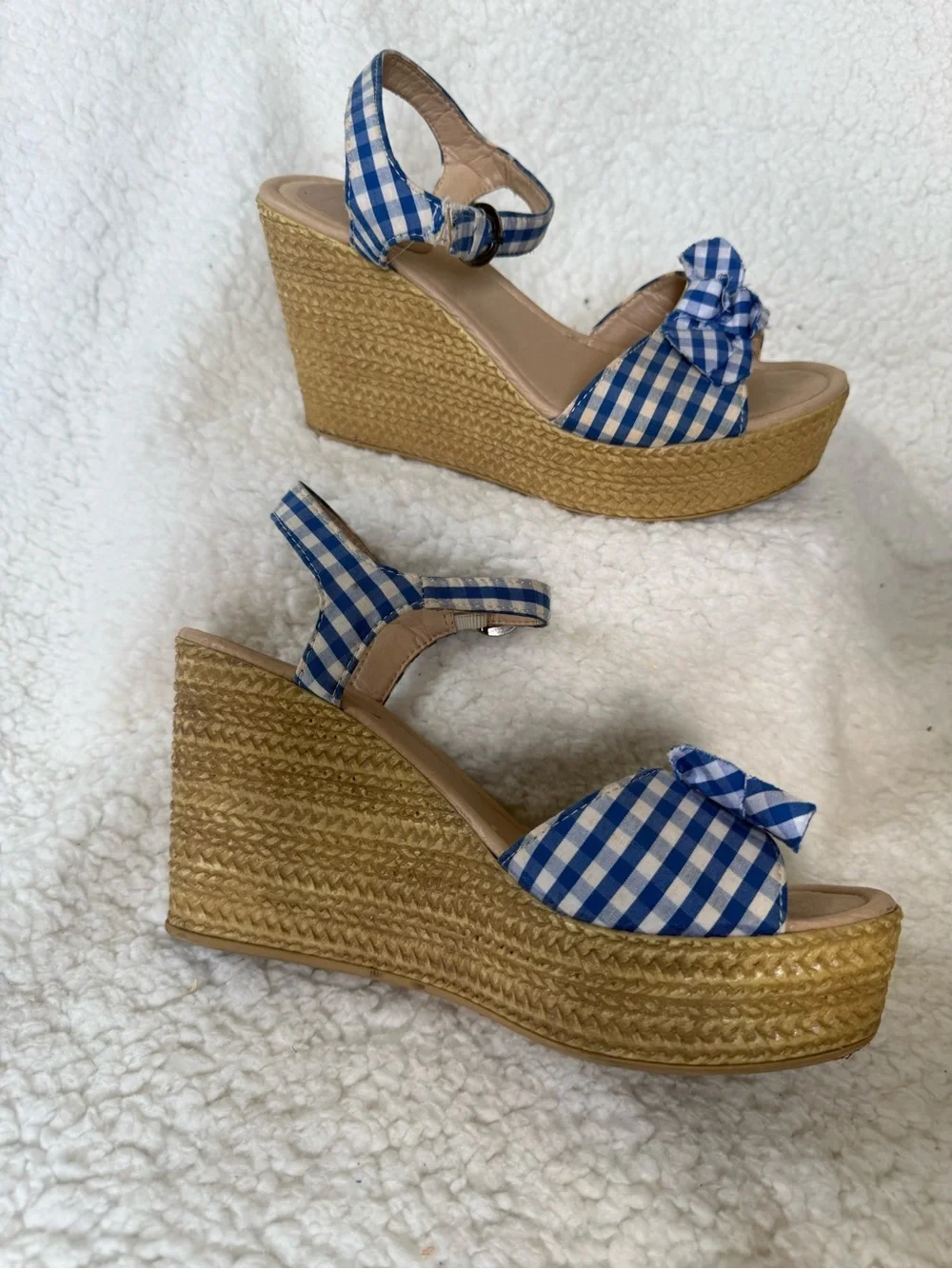 RETRO ROYAL BLUE GINGHAM WEDGES WiTG BOWS